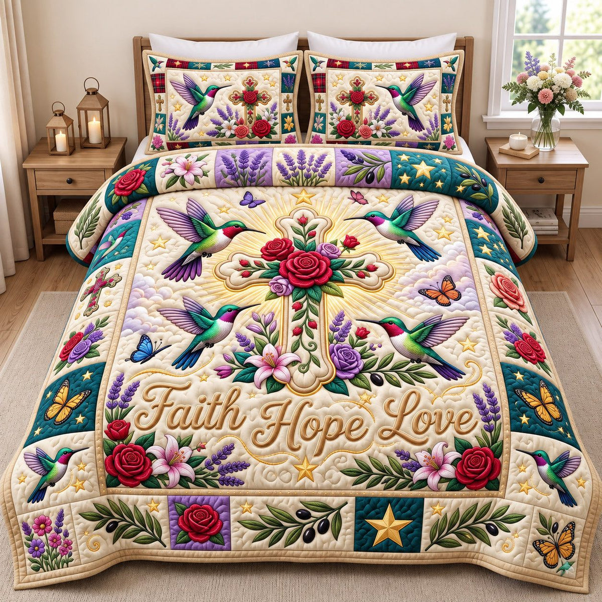 Hummingbird Rose Cross Faith Hope Love quilted 3-piece bedding set on a made bed in a softly lit bedroom