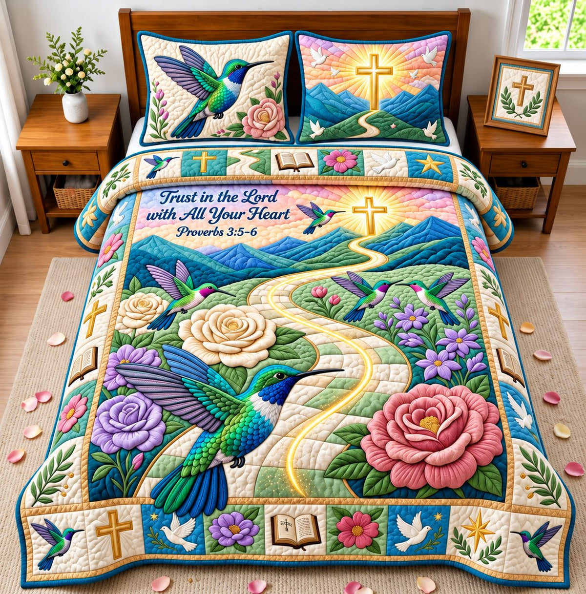 Hummingbird Rose Path Trust In The Lord quilted 3-piece bedding set on a made bed in a softly lit bedroom