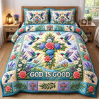 Hummingbird Rose Wreath God Is Good quilted 3-piece bedding set on a made bed in a softly lit bedroom