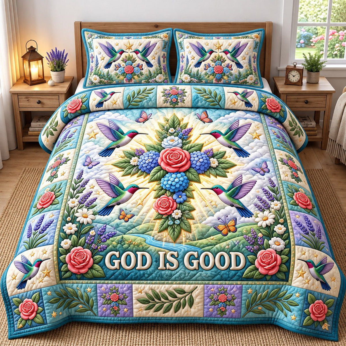 Hummingbird Rose Wreath God Is Good quilted 3-piece bedding set on a made bed in a softly lit bedroom