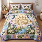 Hummingbird Stream He Restores My Soul quilted 3-piece bedding set on a made bed with two matching pillow shams