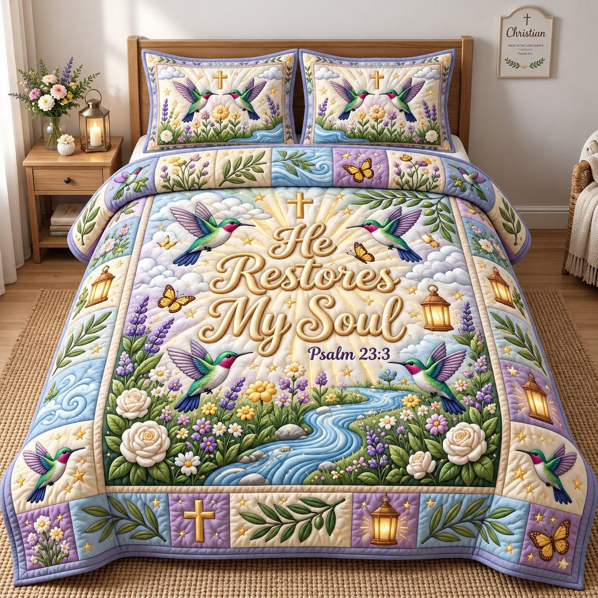 Hummingbird Stream He Restores My Soul quilted 3-piece bedding set on a made bed with two matching pillow shams