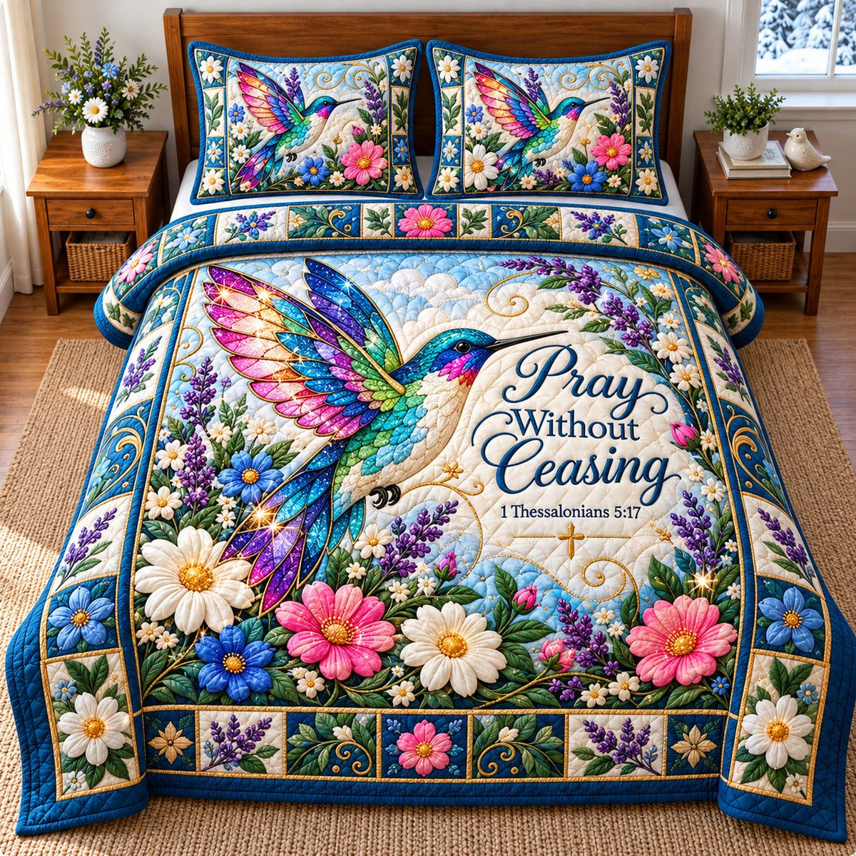 Hummingbird Summer Paradise quilted 3-piece bedding set on a made bed with two matching pillow shams