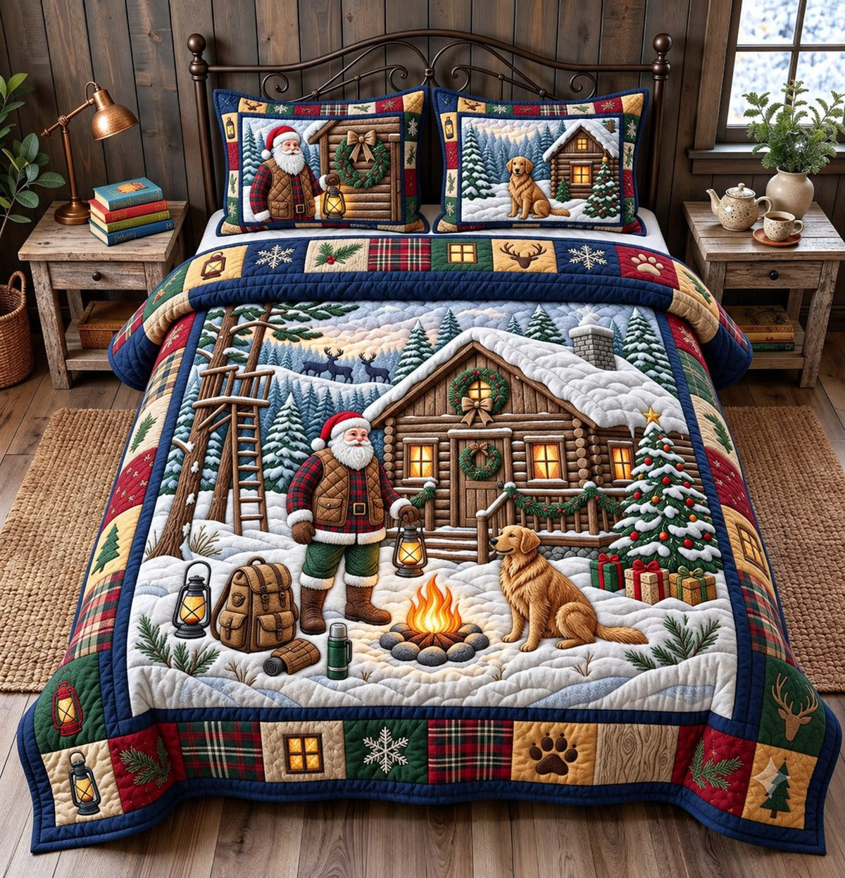 Hunting Cabin quilted 3-piece bedding set on a made bed with two matching pillow shams
