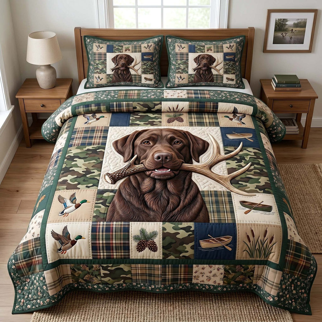 Hunting Lab Chocolate Plaid quilted 3-piece bedding set on a made bed in a farmhouse bedroom