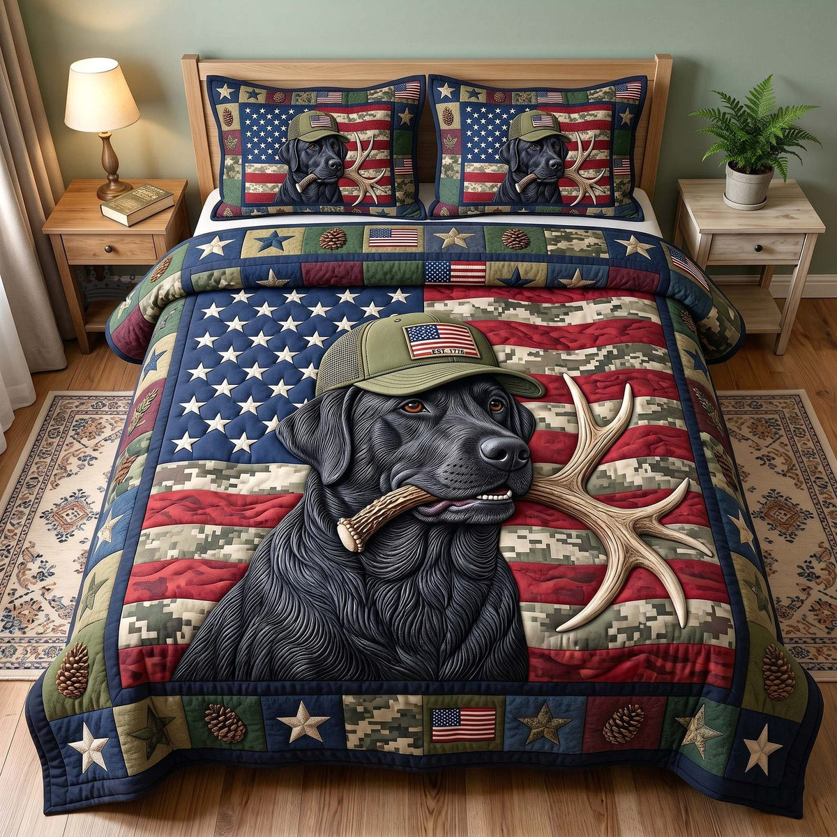 Hunting Lab Flag Black quilted 3-piece bedding set on a made bed in a warmly lit bedroom