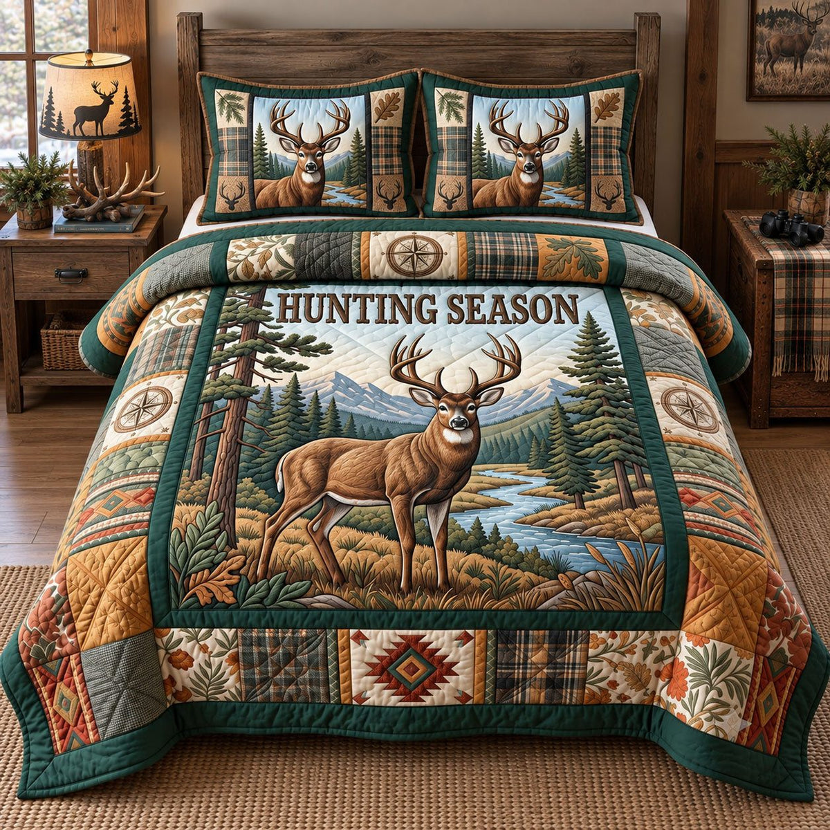 Hunting Season Buck quilted 3-piece bedding set on a made bed with two matching pillow shams