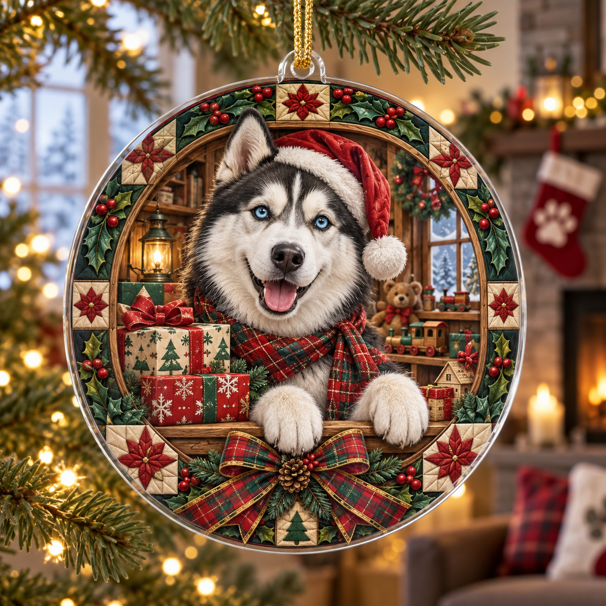 Husky Acrylic Christmas Ornament — digital product visualization