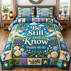 Hydrangea Be Still And Know Psalm 46 quilted 3-piece bedding set on a made bed in a softly lit bedroom