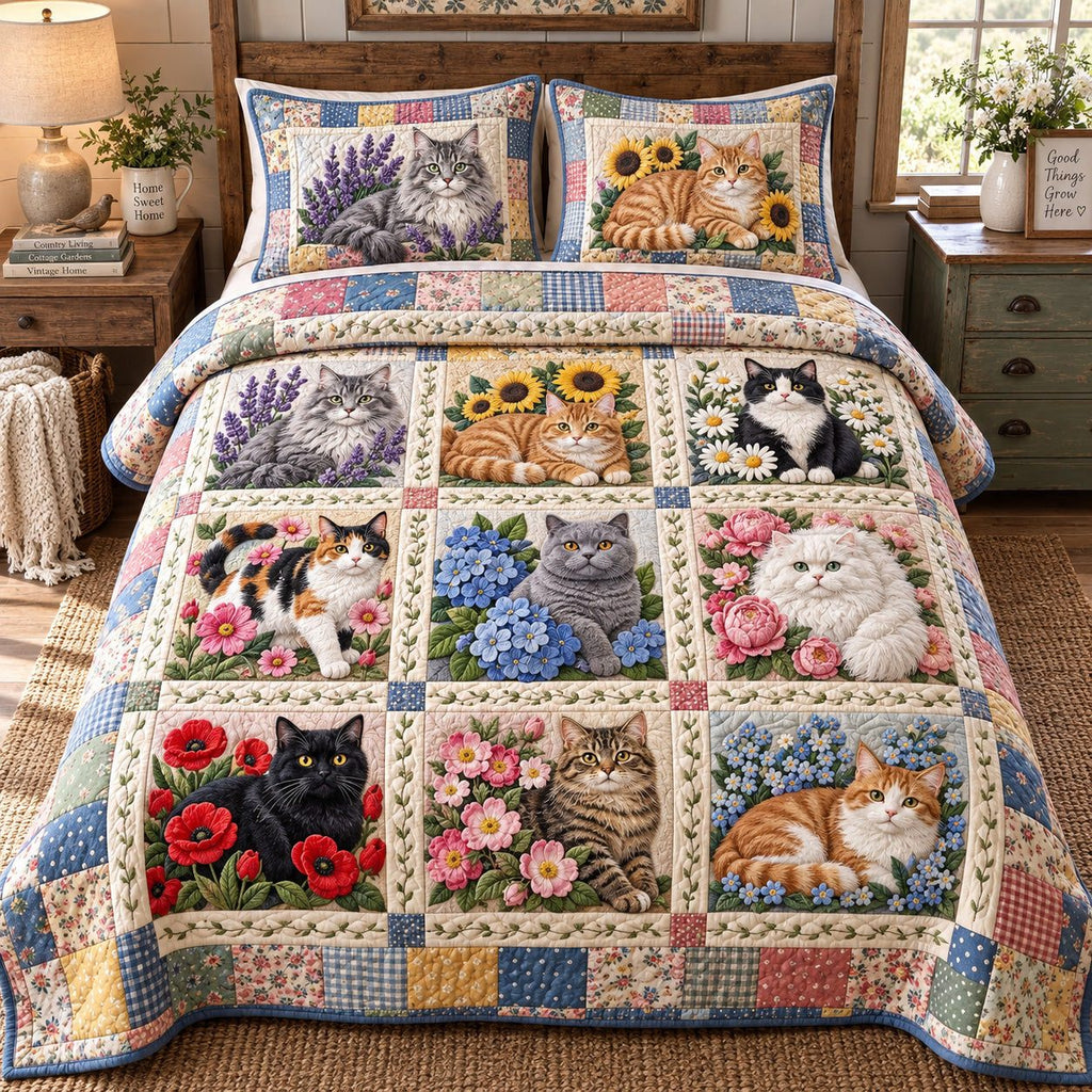 Hydrangea Squares Patchwork Cats quilted 3-piece bedding set on a made bed in a farmhouse bedroom