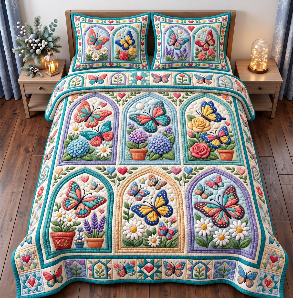 Hydrangea Window Patchwork Butterfly quilted 3-piece bedding set on a made bed in a farmhouse bedroom