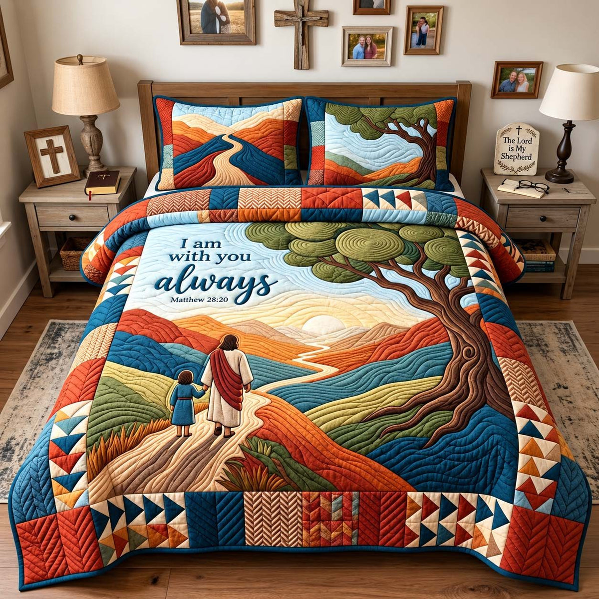 I Am With You Always quilted 3-piece bedding set on a made bed with two matching pillow shams