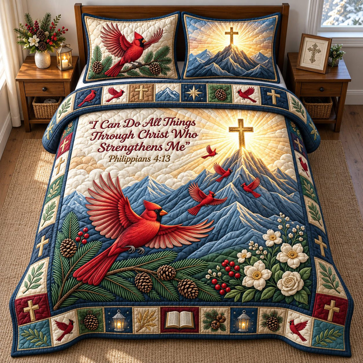 I Can Do All Thing quilted 3-piece bedding set on a made bed with two matching pillow shams