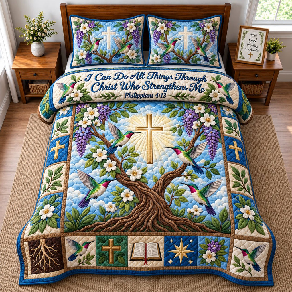 I Can Do All Things quilted 3-piece bedding set on a made bed with two matching pillow shams