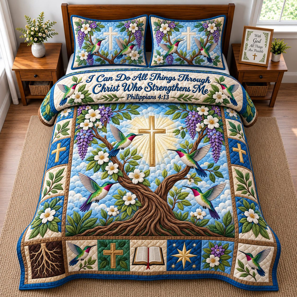 I Can Do All Things quilted 3-piece bedding set on a made bed with two matching pillow shams