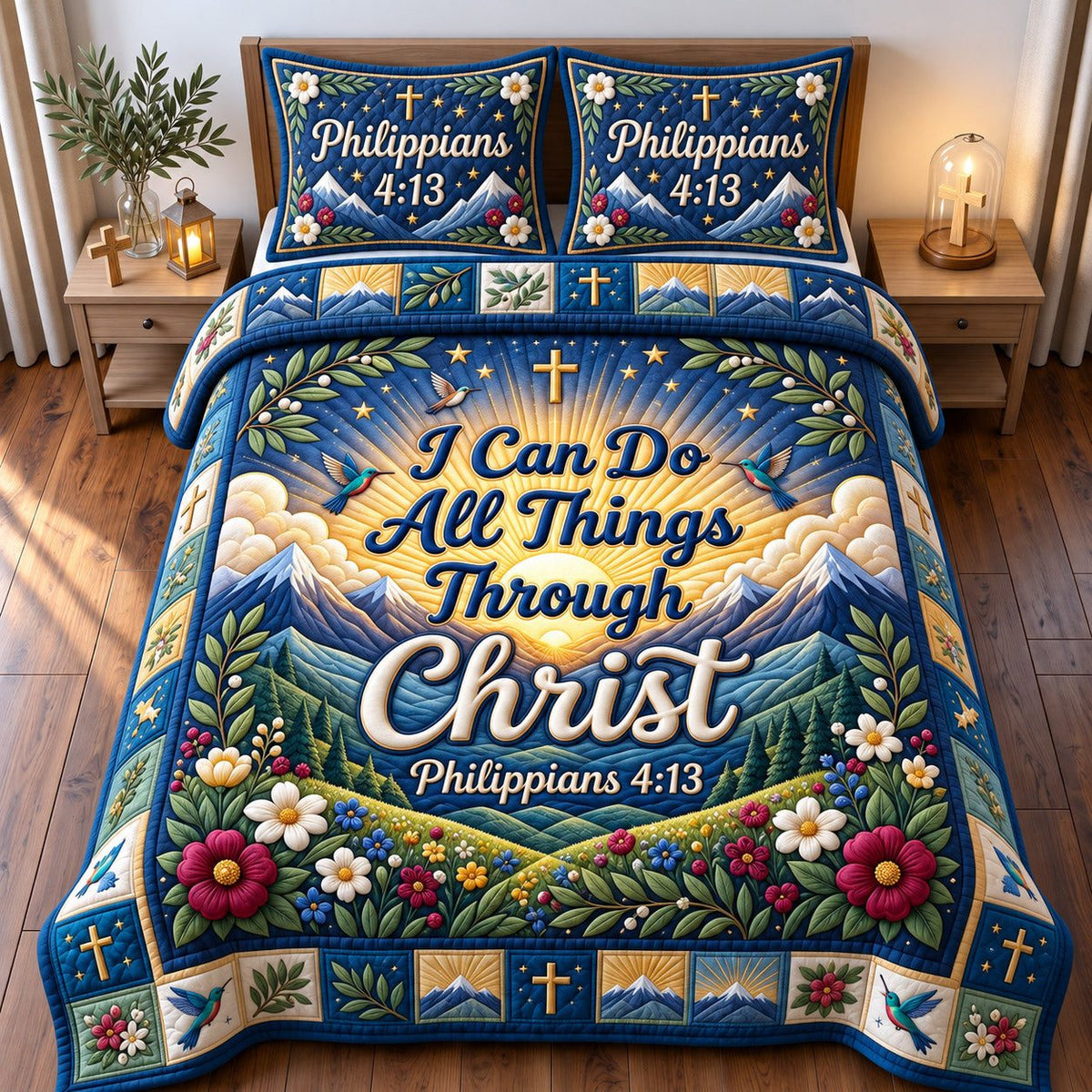 I Can Do All Things Through Christ quilted 3-piece bedding set on a made bed in a softly lit bedroom