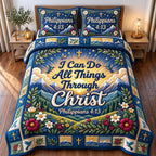 I Can Do All Things Through Christ quilted 3-piece bedding set on a made bed in a softly lit bedroom
