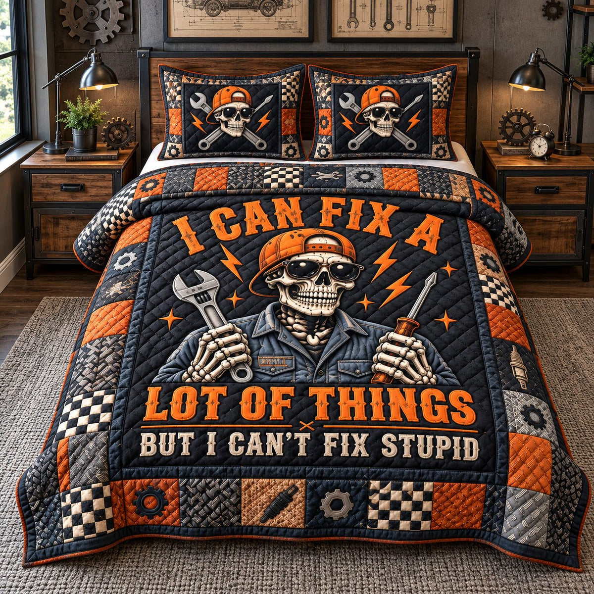 I Can Fix A Lot Of Things quilted 3-piece bedding set on a made bed with two matching pillow shams