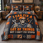 I Can Fix A Lot Of Things quilted 3-piece bedding set on a made bed with two matching pillow shams