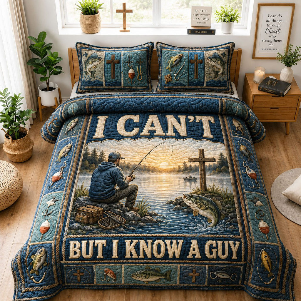 I Cant Know A Guy Fishing quilted 3-piece bedding set on a made bed with two matching pillow shams