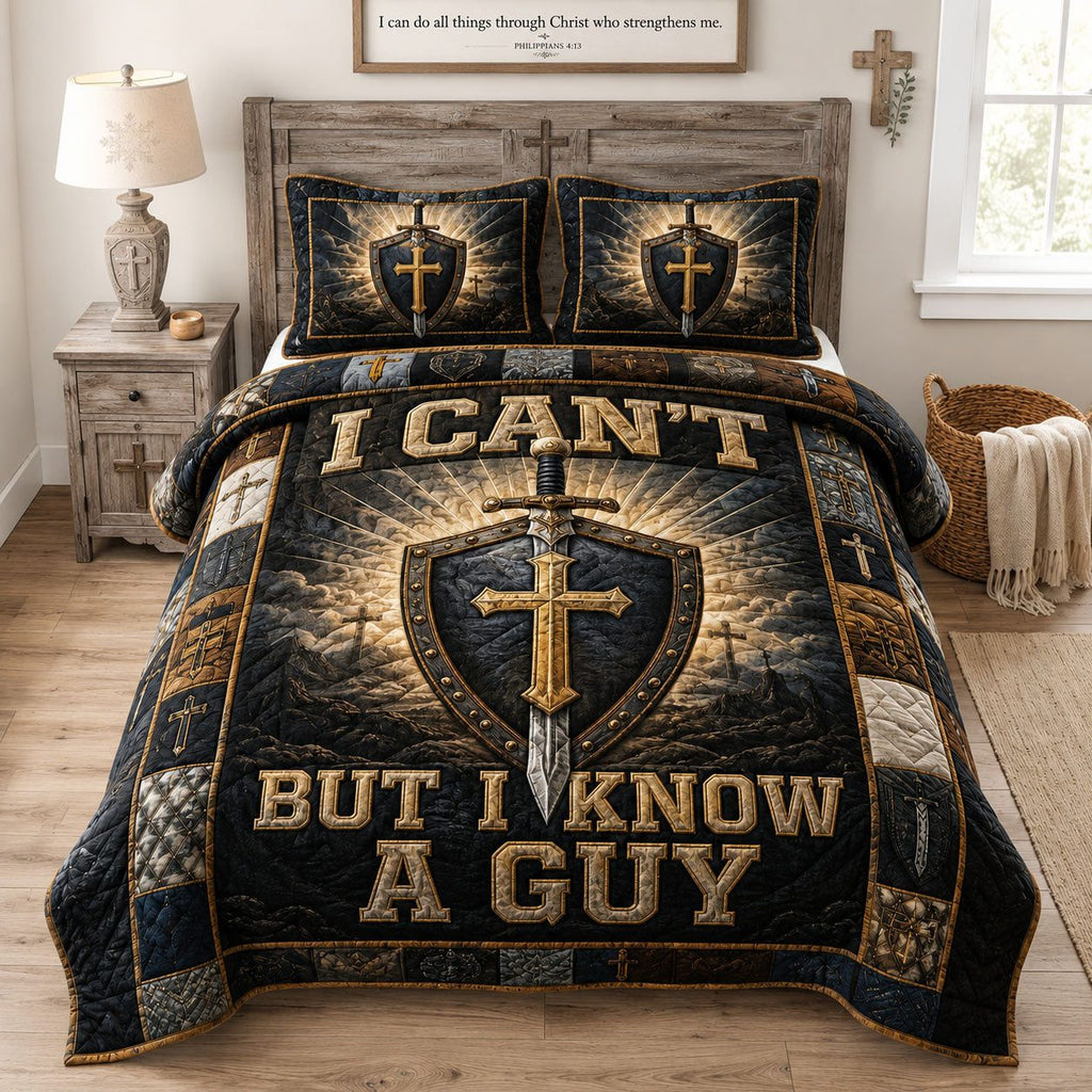 I Cant Know A Guy Shield quilted 3-piece bedding set on a made bed with two matching pillow shams