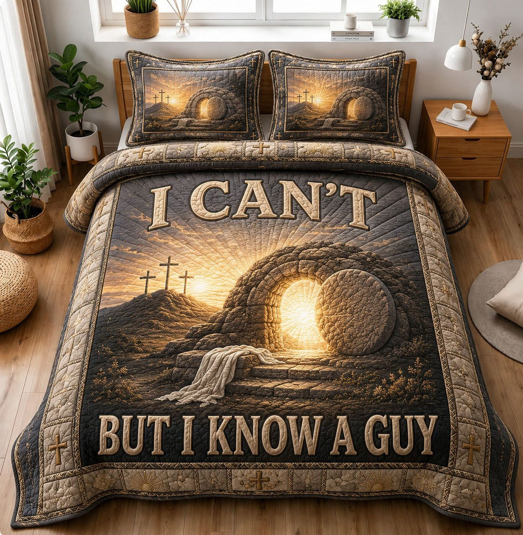 I Cant Know A Guy Tomb quilted 3-piece bedding set on a made bed against a dark styled interior