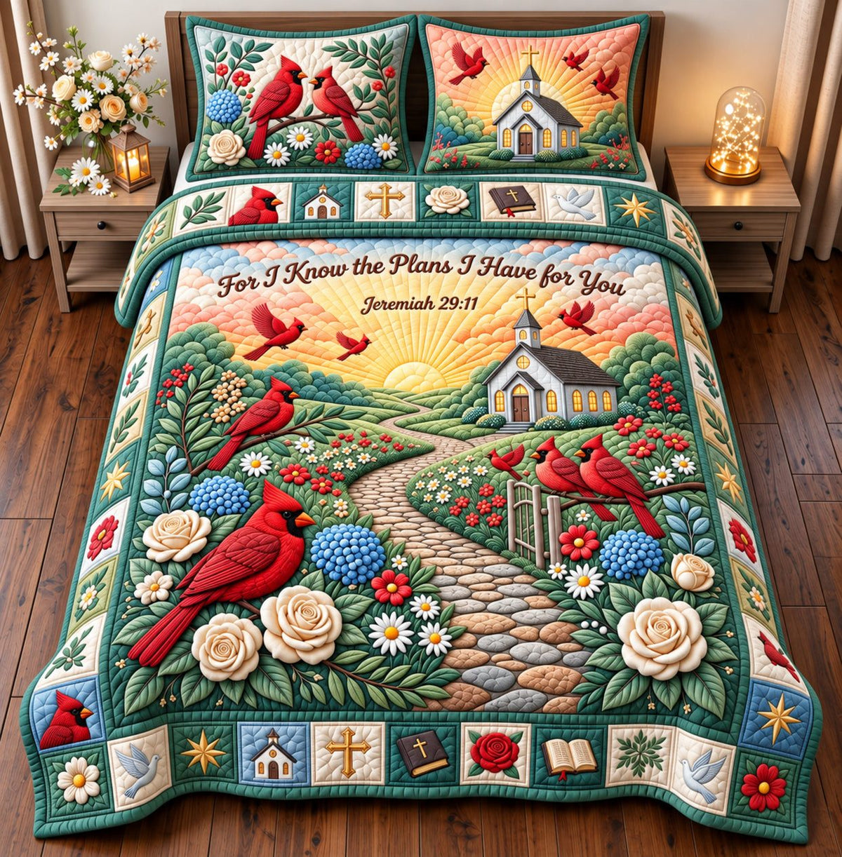 I Have For You quilted 3-piece bedding set on a made bed with two matching pillow shams