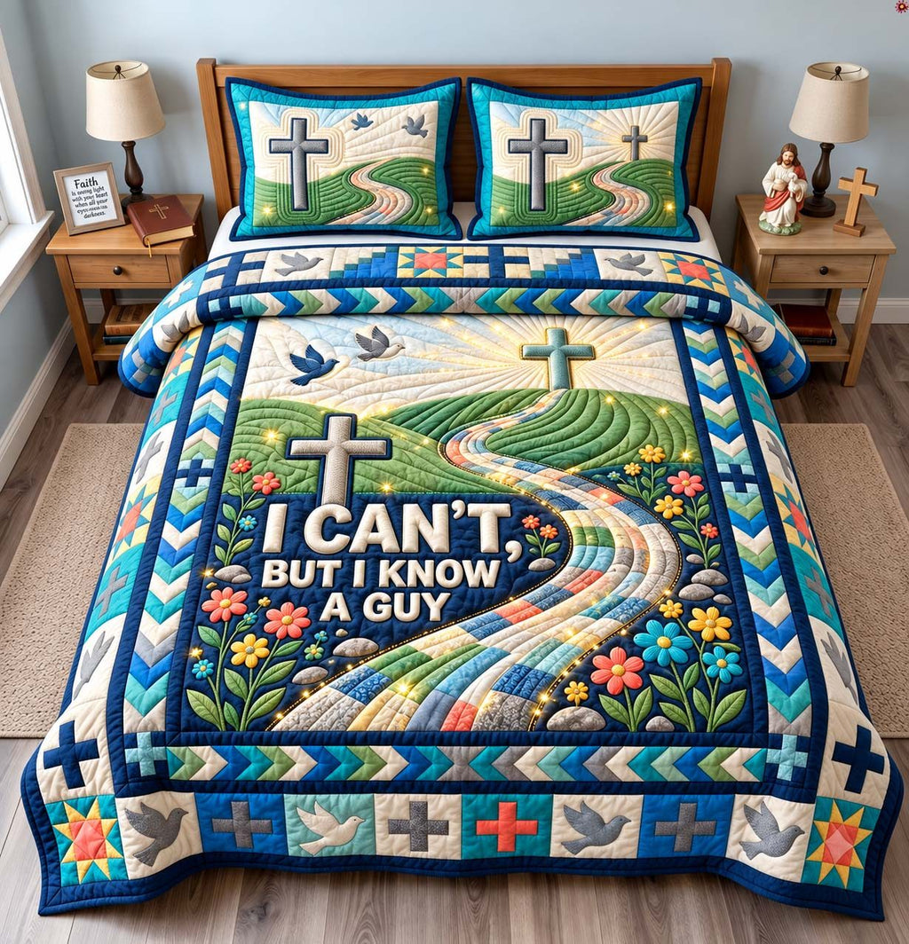 I Know A Guy quilted 3-piece bedding set on a made bed with two matching pillow shams