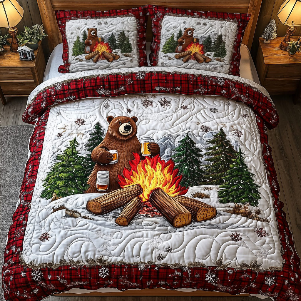 I Love Camping quilted 3-piece bedding set on a made bed with two matching pillow shams