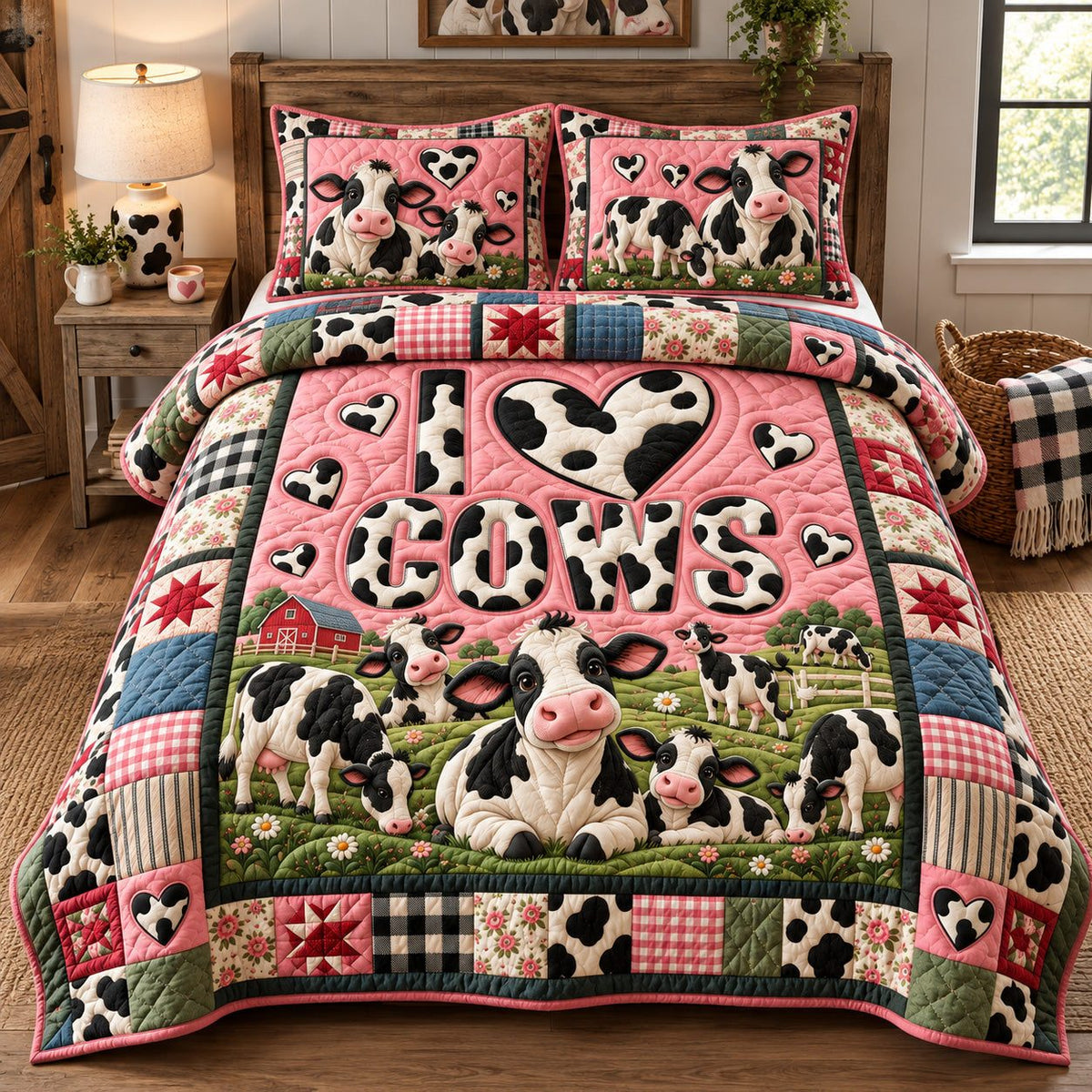 I Love Cows quilted 3-piece bedding set on a made bed with two matching pillow shams