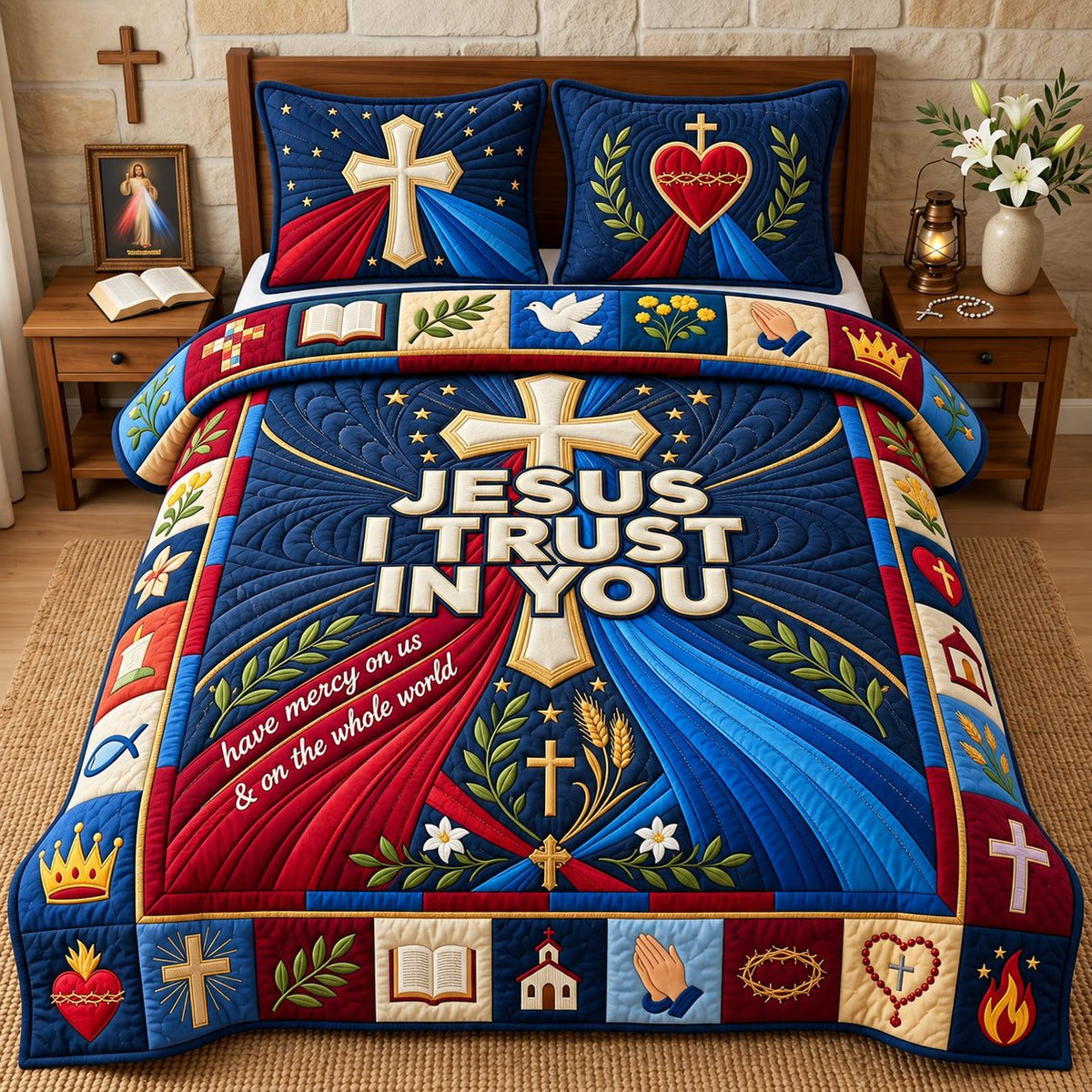 I Trust In You quilted 3-piece bedding set on a made bed with two matching pillow shams