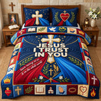 I Trust In You quilted 3-piece bedding set on a made bed with two matching pillow shams