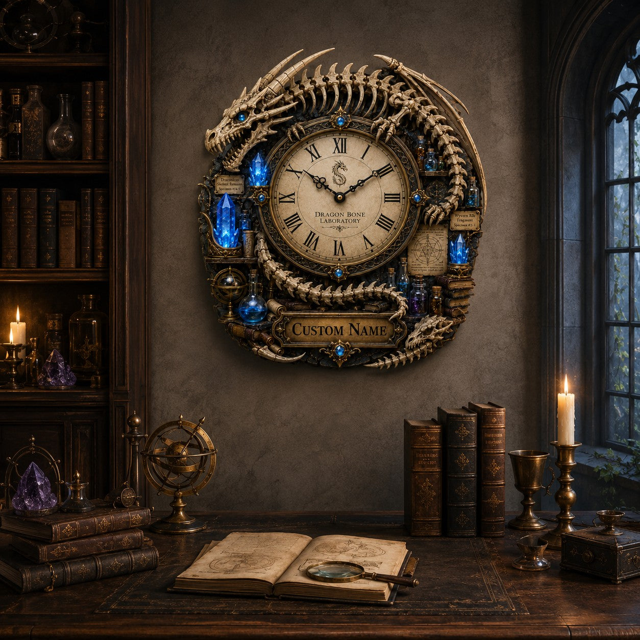 Dragon skeleton Custom Name Wall Clock — personalized with a custom name