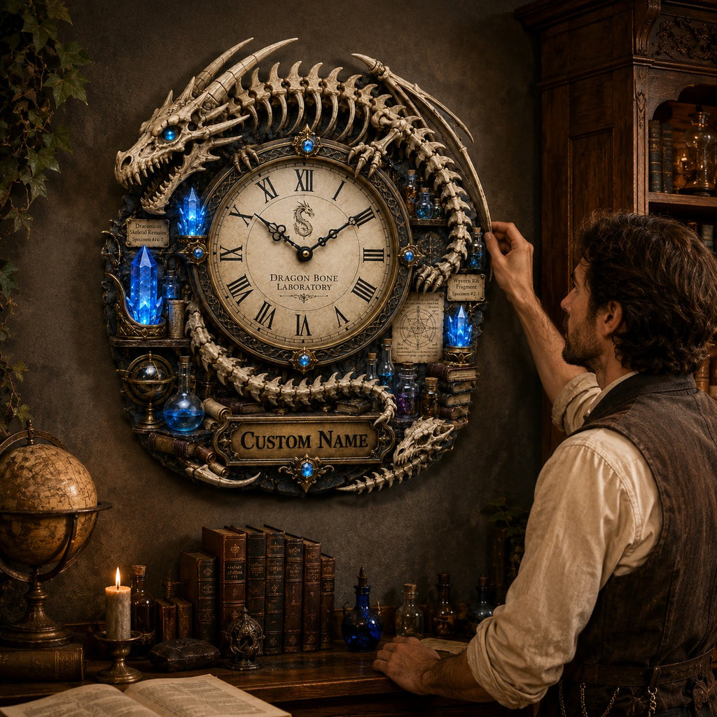 Dragon skeleton Custom Name Wall Clock — personalized with a custom name
