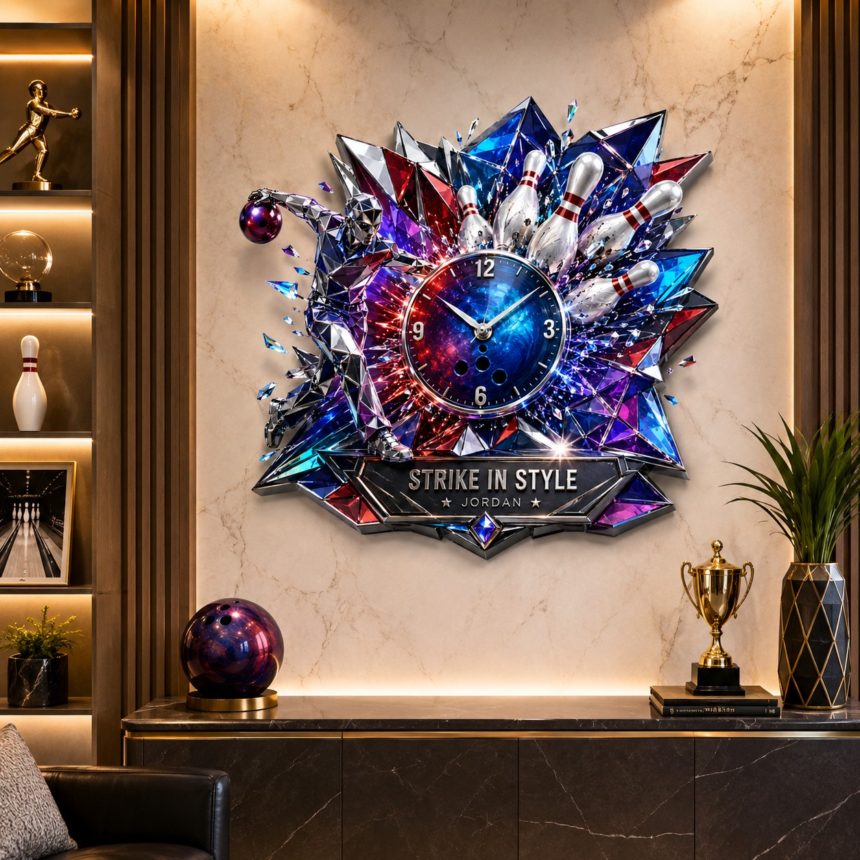 Strike bowling Custom Name Wall Clock — personalized with a custom name