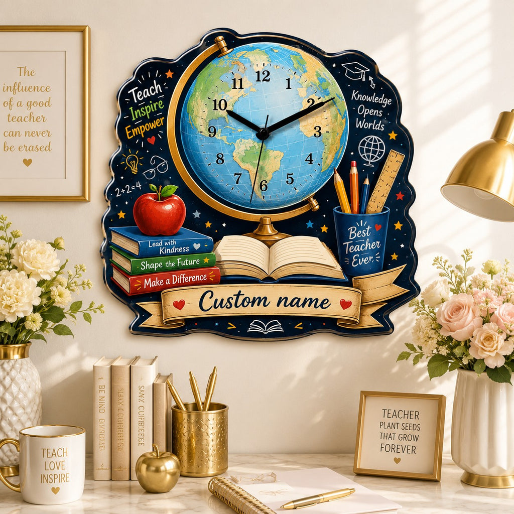Teacher globe Custom Name Wall Clock — personalized with a custom name