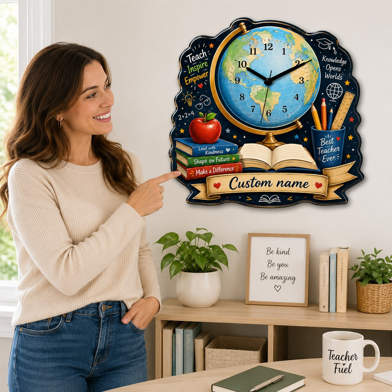 Teacher globe Custom Name Wall Clock — personalized with a custom name
