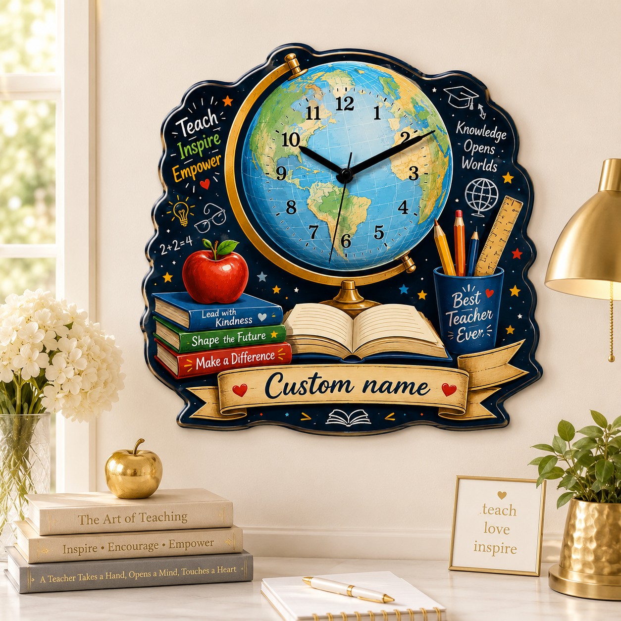 Teacher globe Custom Name Wall Clock — personalized with a custom name