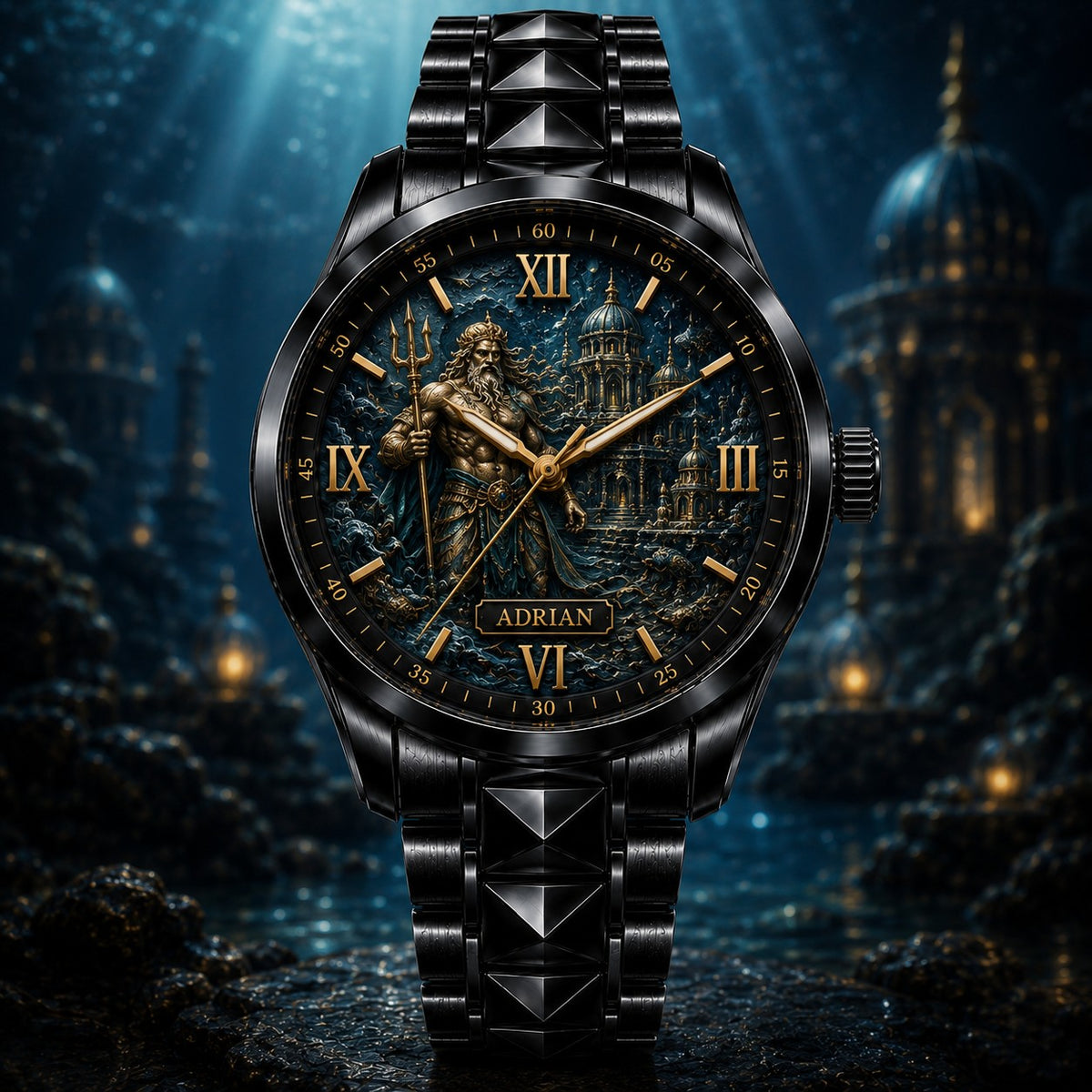 Personalized Trident of the Deep Watch with a custom name set into the design