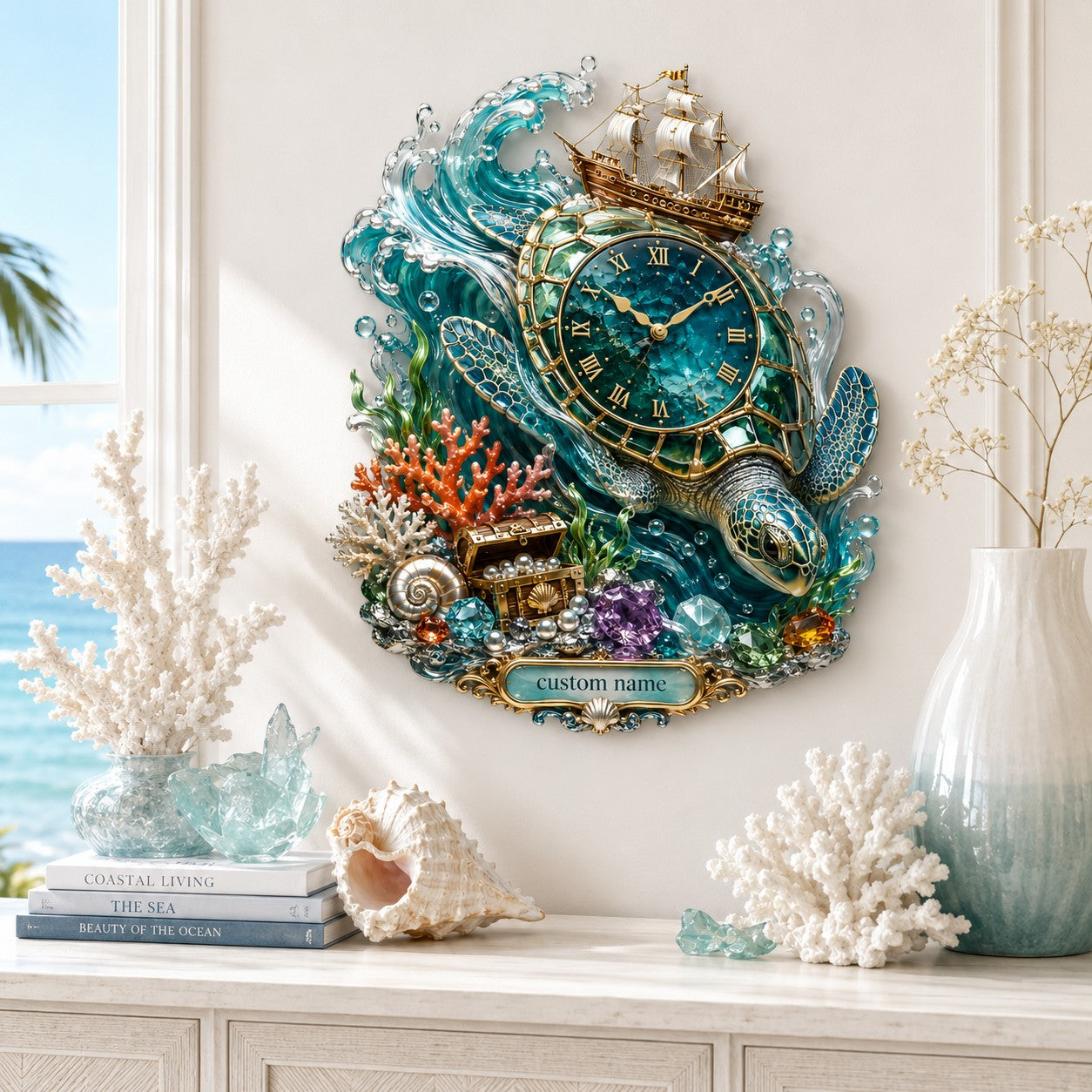Personalized crystal sea turtle wall clock — personalized with a custom name