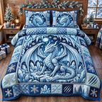 Ice Crystal Blue Dragon quilted 3-piece bedding set on a made bed with two matching pillow shams