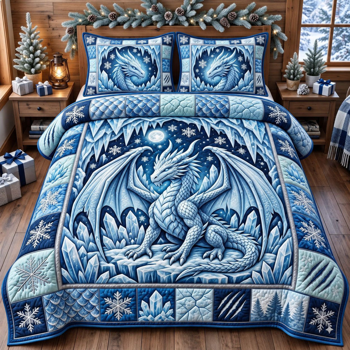 Ice Crystal Blue Dragon quilted 3-piece bedding set on a made bed with two matching pillow shams