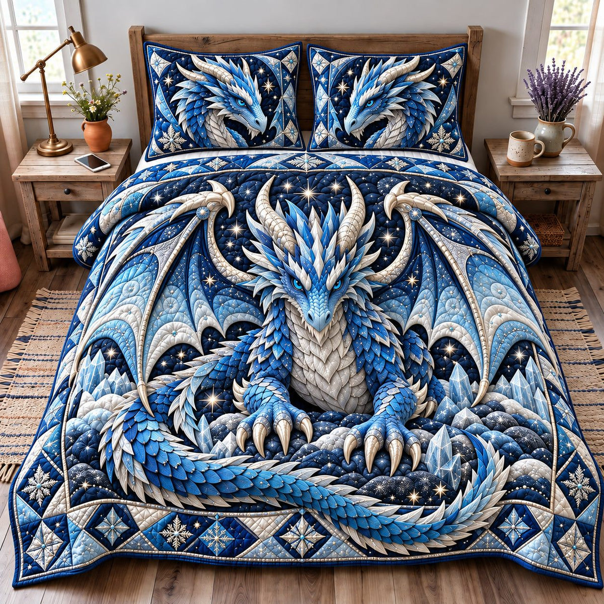 Ice Dragon quilted 3-piece bedding set on a made bed with two matching pillow shams