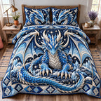 Ice Dragon quilted 3-piece bedding set on a made bed with two matching pillow shams