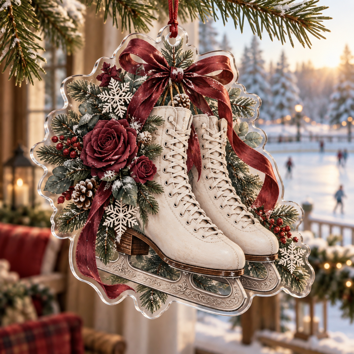 Ice Skate Roses Acrylic Christmas Ornament — digital product visualization