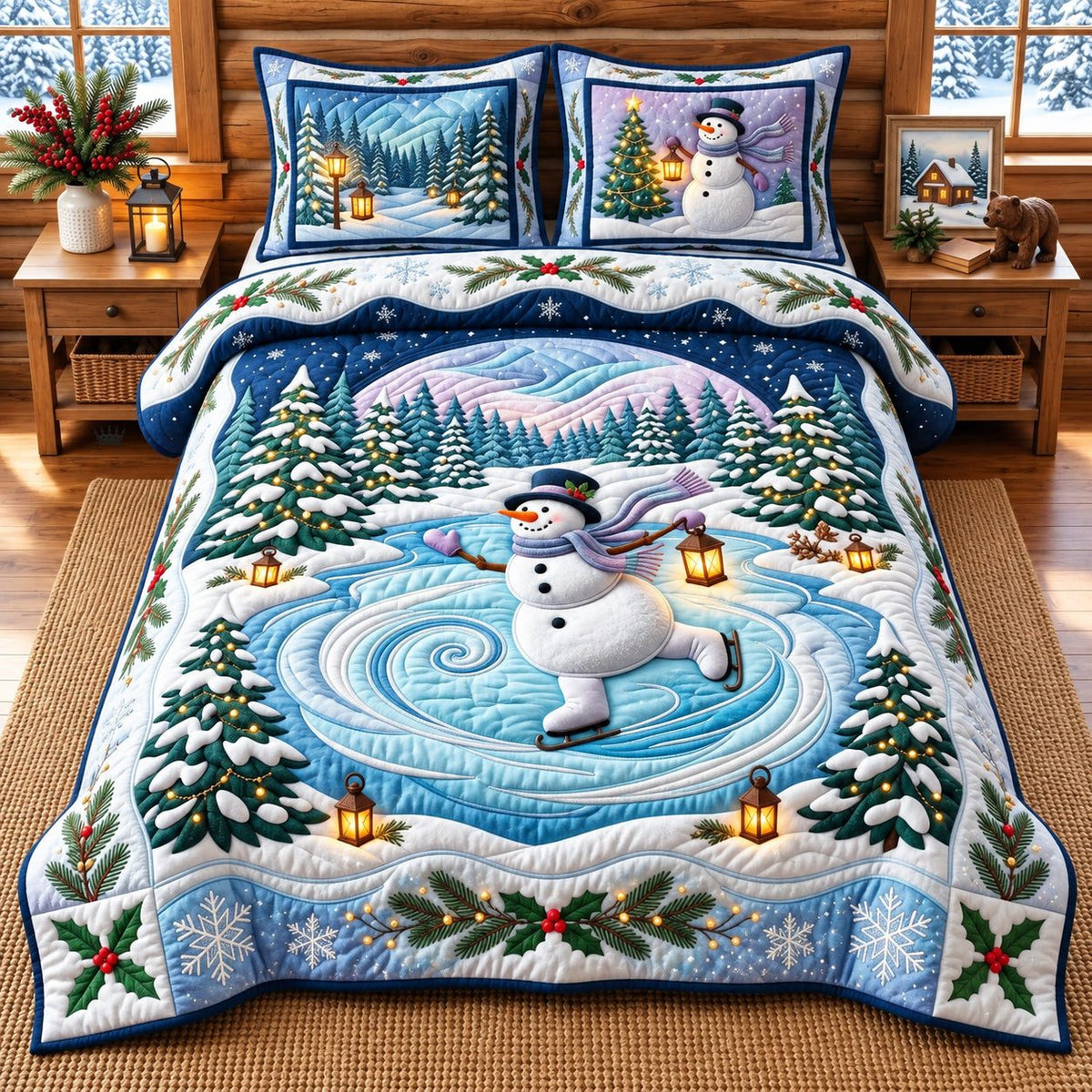 Ice Skating Snowman quilted 3-piece bedding set on a made bed in a winter-styled bedroom