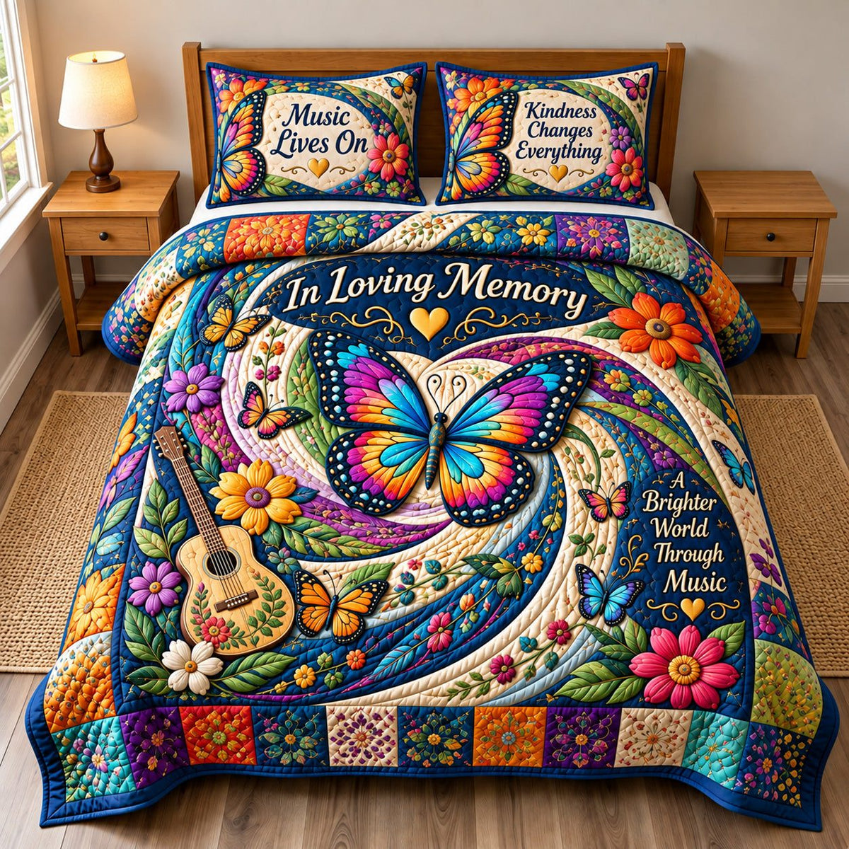 In Loving Memory Butterfly quilted 3-piece bedding set on a made bed with two matching pillow shams