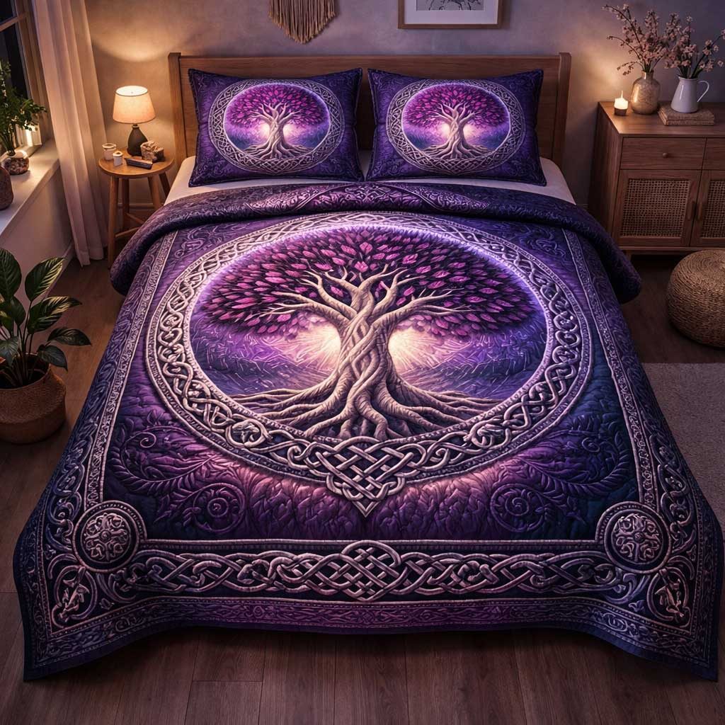 Infinite Roots quilted 3-piece bedding set on a made bed with two matching pillow shams