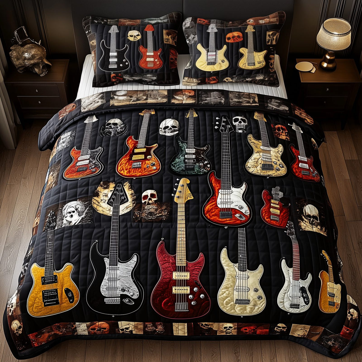 Intricate Electric Guitars Dark quilted 3-piece bedding set on a made bed with two matching pillow shams
