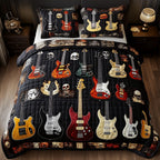 Intricate Electric Guitars Dark quilted 3-piece bedding set on a made bed with two matching pillow shams